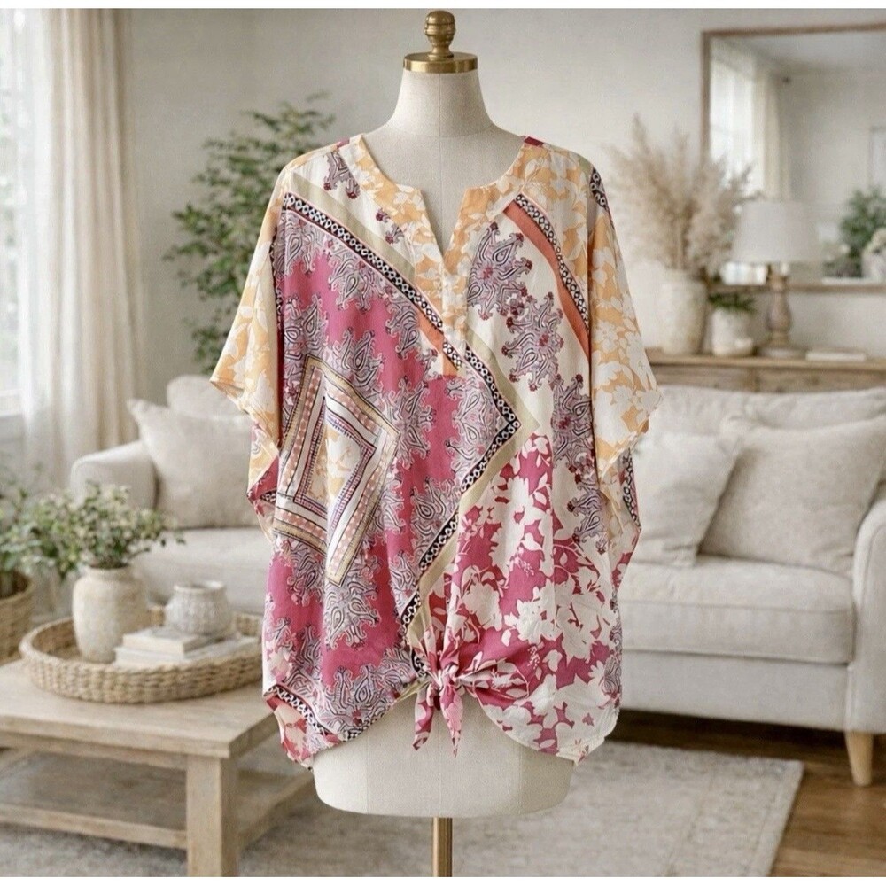 Chico’s Pink Tie Front Top Poncho Paisley Floral Semi Sheer Blouse Size 2 ~12/14